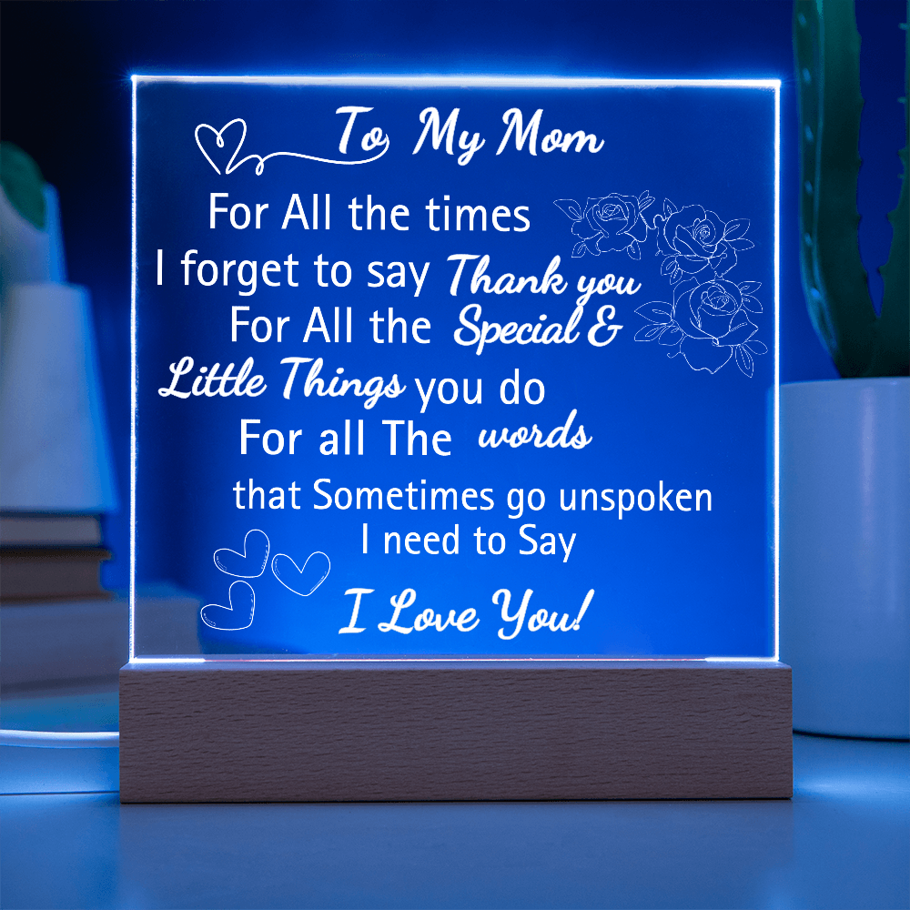 Personalized Engraved Acrylic Heart Plaque with LED Base – "I Love You Mom" Gift