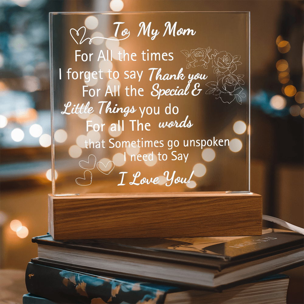 Personalized Engraved Acrylic Heart Plaque with LED Base – "I Love You Mom" Gift