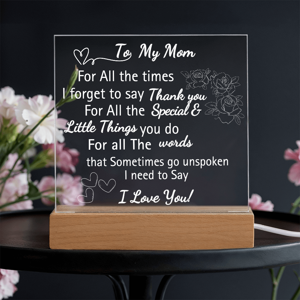 Personalized Engraved Acrylic Heart Plaque with LED Base – "I Love You Mom" Gift