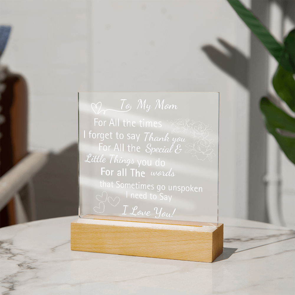 Personalized Engraved Acrylic Heart Plaque with LED Base – "I Love You Mom" Gift