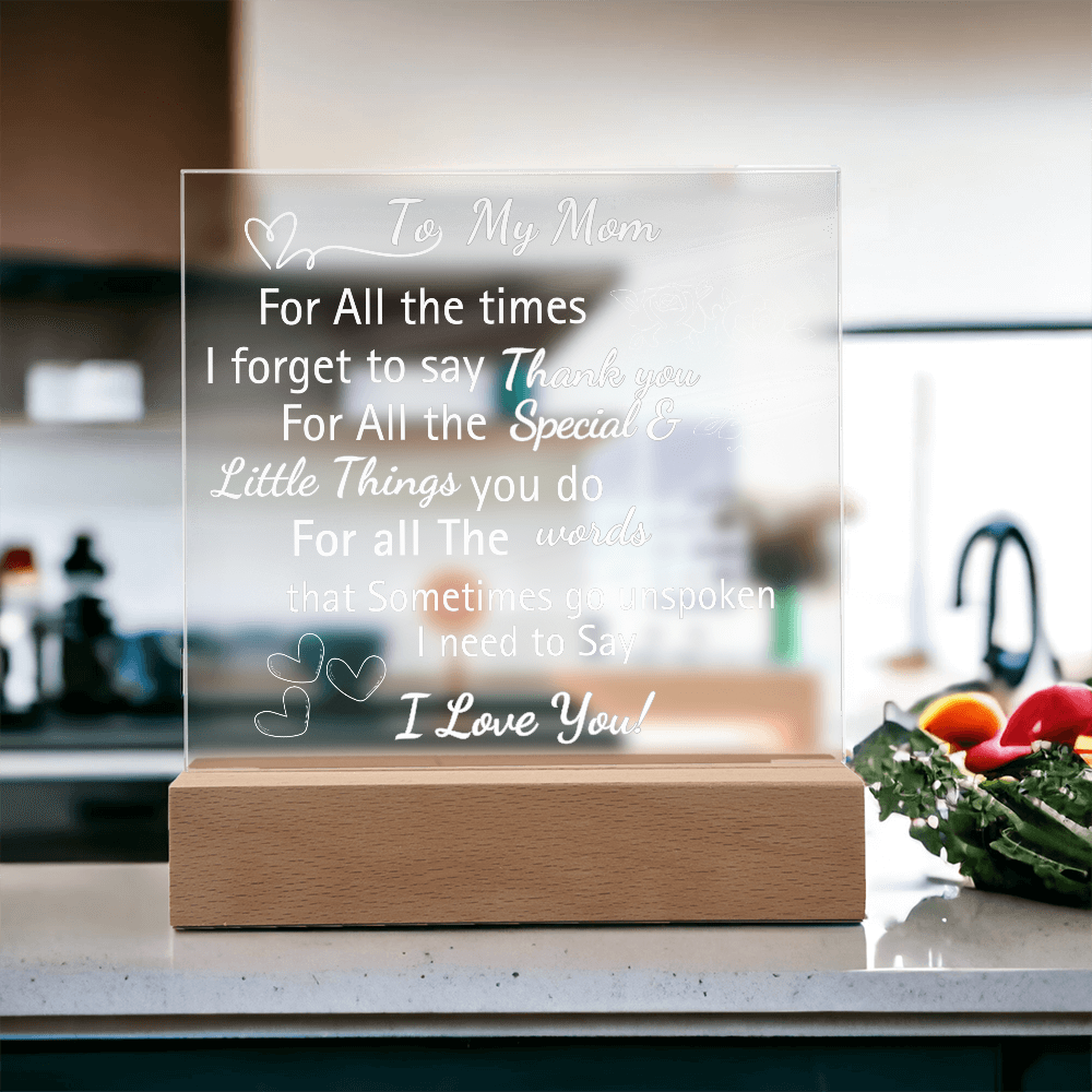 Personalized Engraved Acrylic Heart Plaque with LED Base – "I Love You Mom" Gift