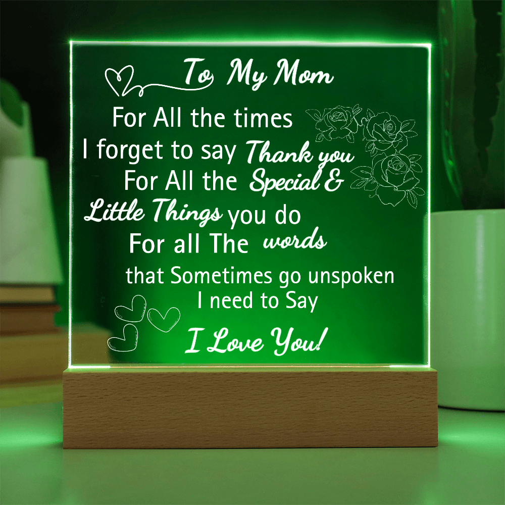 Personalized Engraved Acrylic Heart Plaque with LED Base – "I Love You Mom" Gift