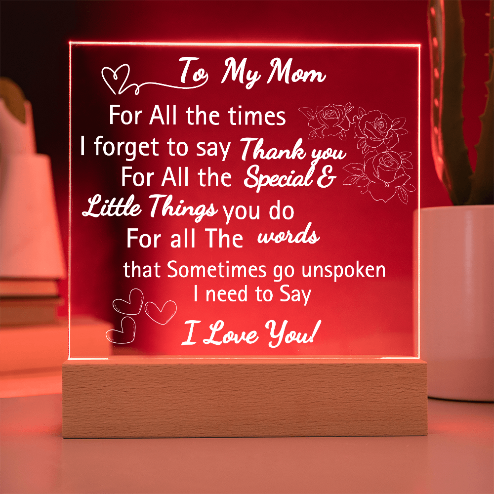 Personalized Engraved Acrylic Heart Plaque with LED Base – "I Love You Mom" Gift