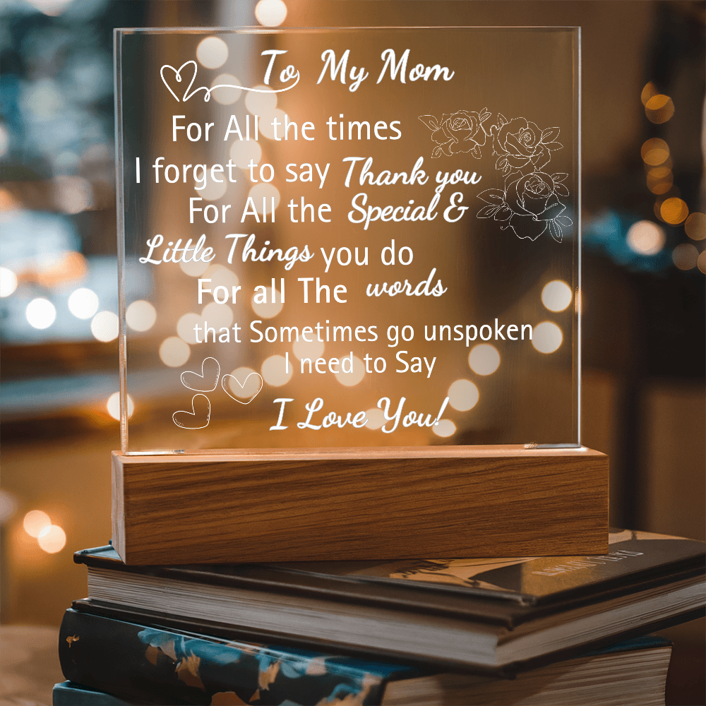 Personalized Engraved Acrylic Heart Plaque with LED Base – "I Love You Mom" Gift