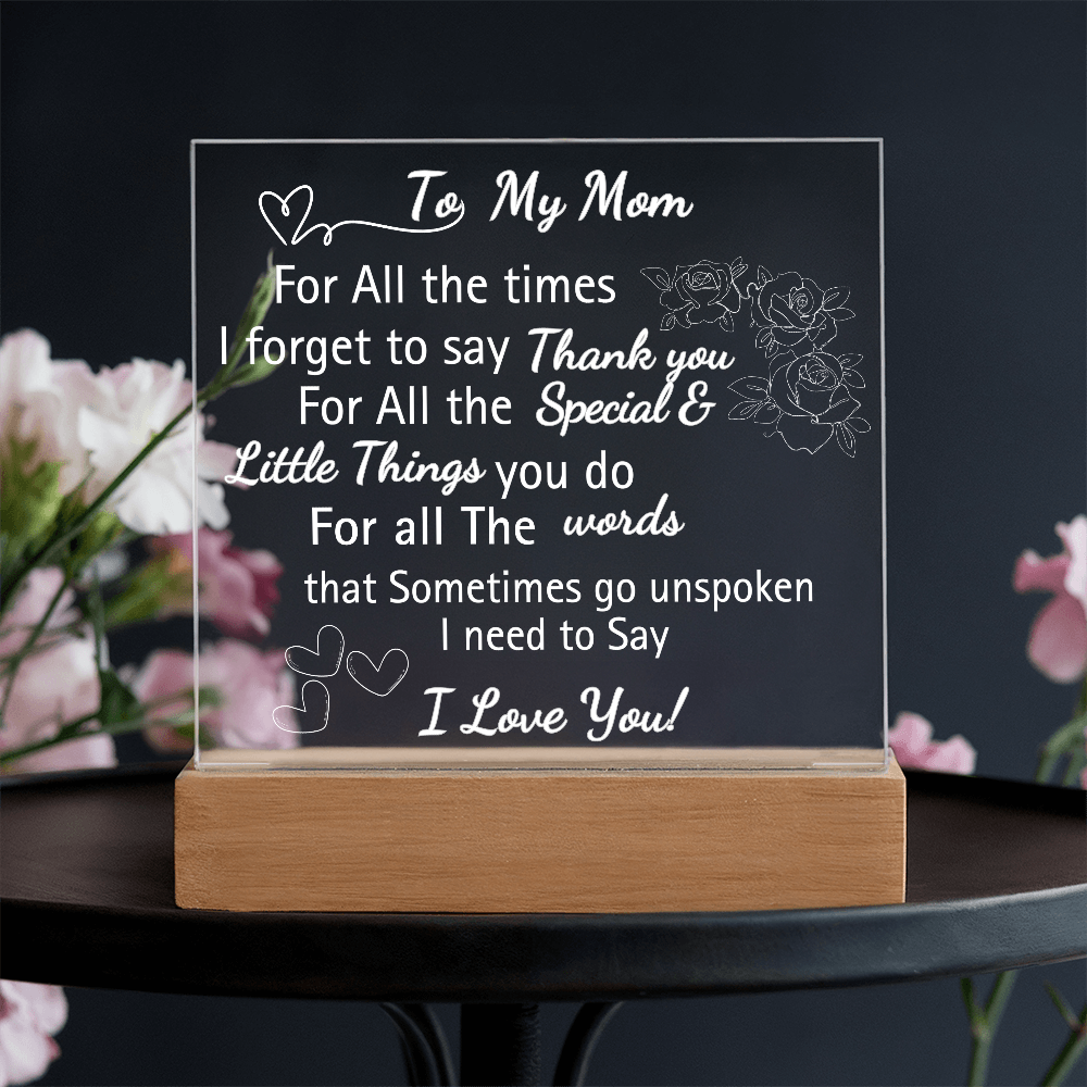 Personalized Engraved Acrylic Heart Plaque with LED Base – "I Love You Mom" Gift